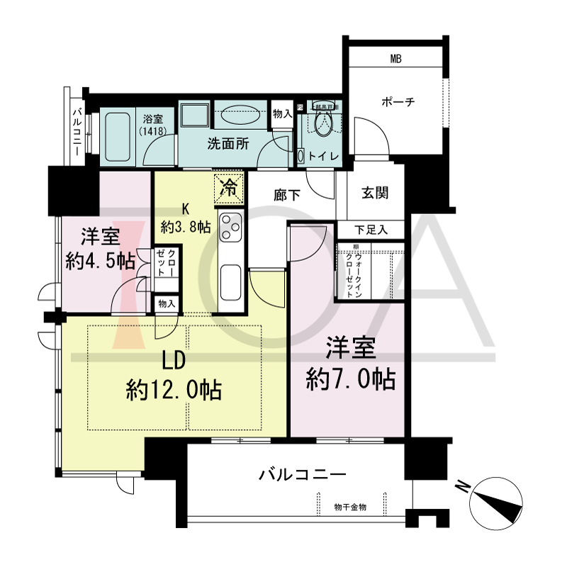 グランドメゾン京町堀タワーの間取り図 南西向き角 2LDK+WIC 専有面積65.25m2
バルコニー面積9.72m2
サービスバルコニー面積1.41m2