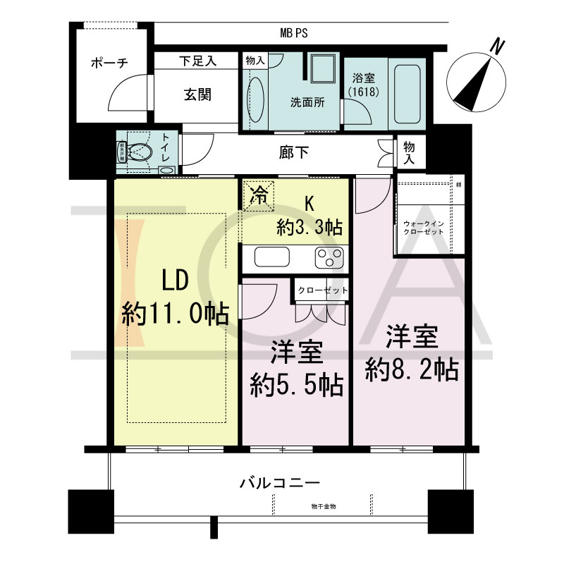 グランドメゾン京町堀タワーの間取り図 南東向き 2LDK+WIC+SIC 専有面積70.05m2
バルコニー面積13.28m2