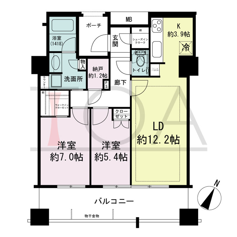 グランドメゾン京町堀タワーの間取り図 南東向き 2LDK+WIC+SIC 専有面積71.10m2
バルコニー面積15.66m2