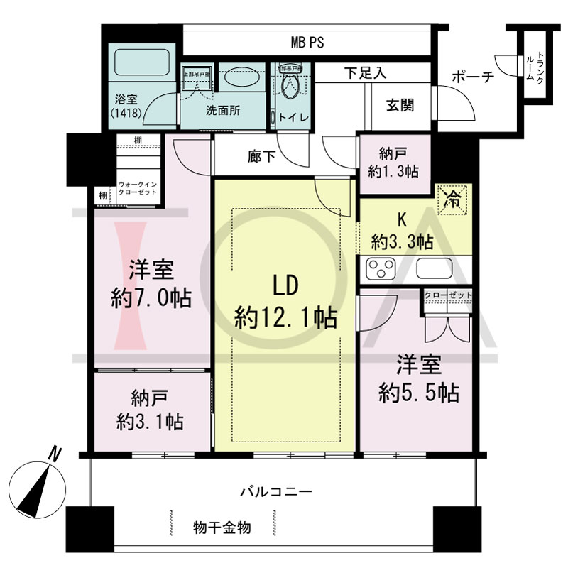 グランドメゾン京町堀タワーの間取り図 南東向き 2LDK+WIC 専有面積74.57m2
バルコニー面積16.29m2