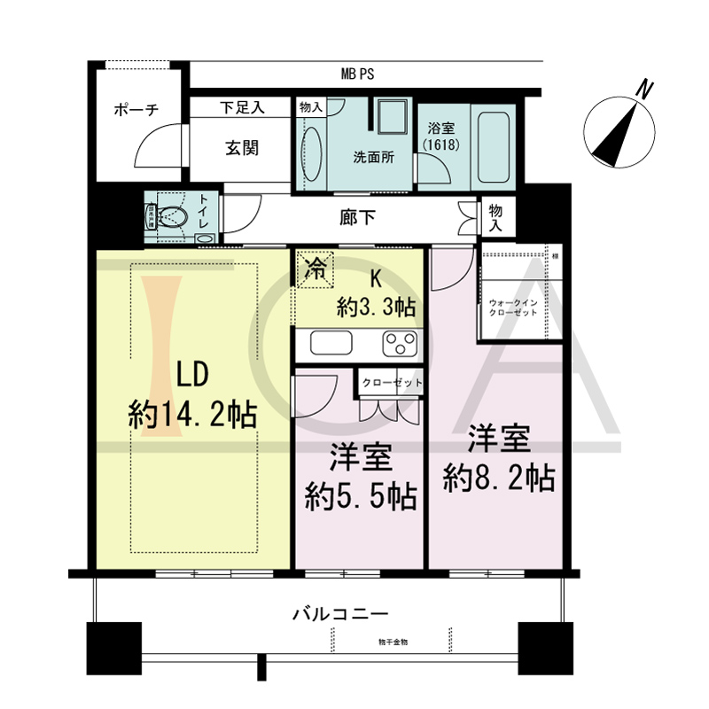 グランドメゾン京町堀タワーの間取り図 南東向き 2LDK+WIC 専有面積76.33m2
バルコニー面積14.54m2