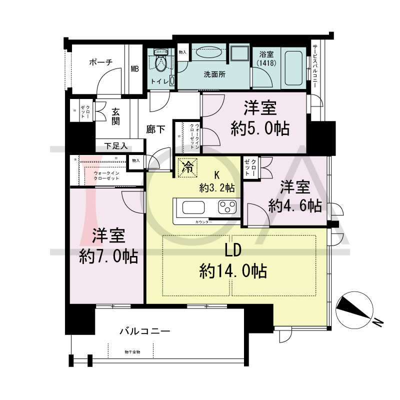 グランドメゾン京町堀タワーの間取り図 北東向き角 3LDK+WIC 専有面積79.08m2
バルコニー面積10.84m2
サービスバルコニー面積2.21m2