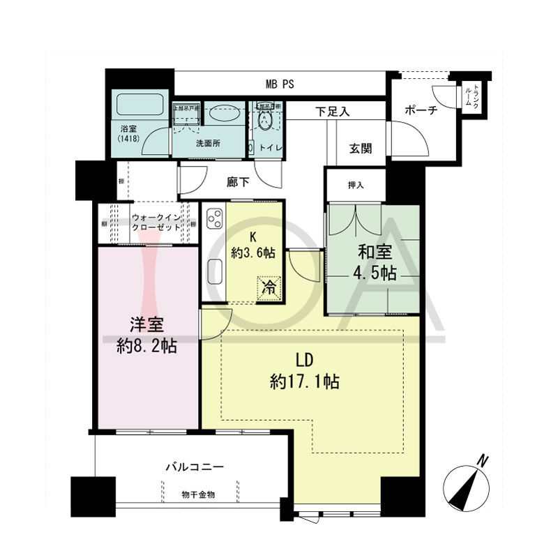 グランドメゾン京町堀タワーの間取り図 南東向き 2LDK+WIC 専有面積81.40m2
バルコニー面積9.74m2