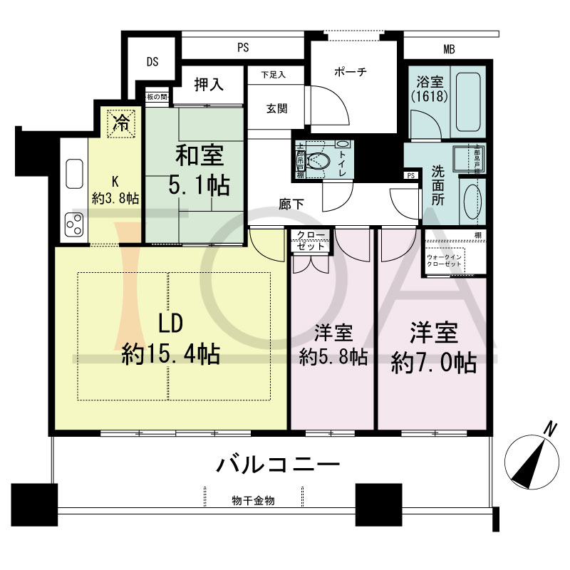 グランドメゾン京町堀タワーの間取り図 南東向き 3LDK+WIC 専有面積83.48m2
バルコニー面積19.84m2