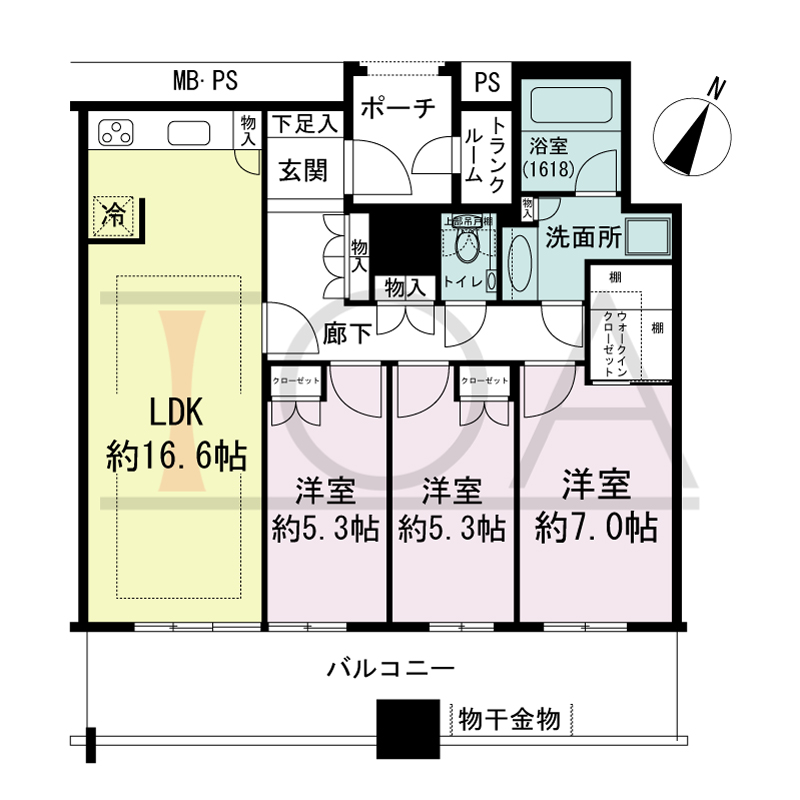 グランドメゾン京町堀タワーの間取り図 南東向き 3LDK+WIC 専有面積84.17m2
バルコニー面積18.87m2