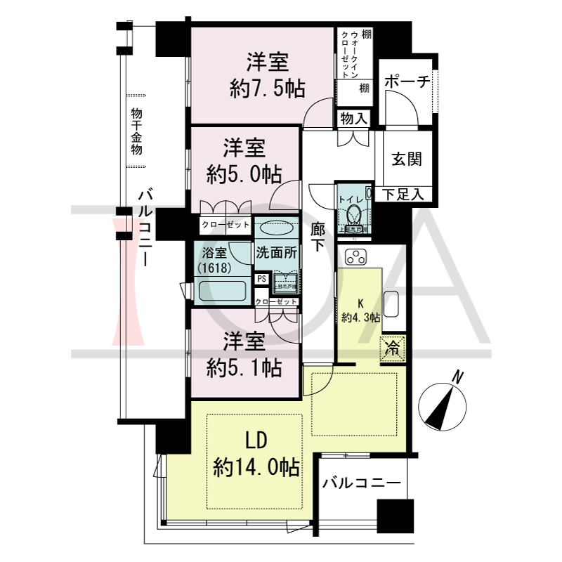 グランドメゾン京町堀タワーの間取り図 南東向き角 3LDK+WIC 専有面積85.51m2
バルコニー面積24.63m2