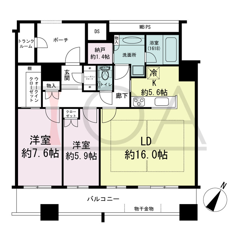 グランドメゾン京町堀タワーの間取り図 南東向き 2LDK+WIC 専有面積88.34m2
バルコニー面積17.47m2