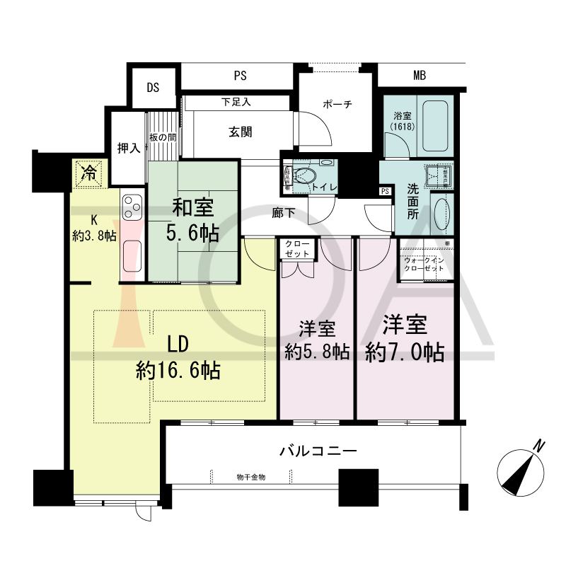 グランドメゾン京町堀タワーの間取り図 南東向き 3LDK+WIC 専有面積89.28m2
バルコニー面積14.93m2