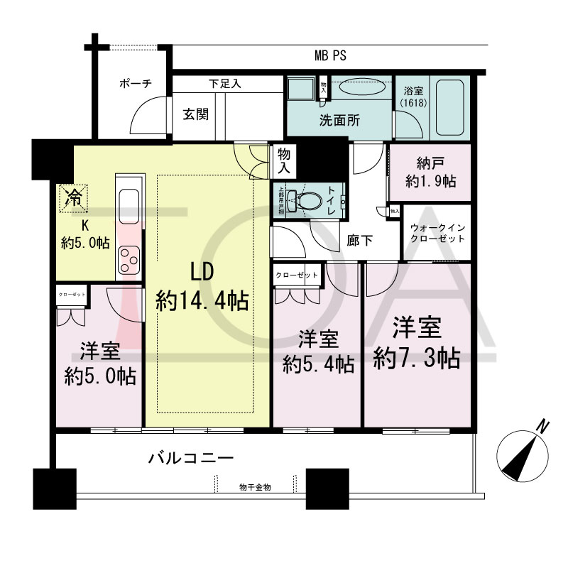 グランドメゾン京町堀タワーの間取り図 南東向き 3LDK+WIC 専有面積90.58m2
バルコニー面積17.59m2