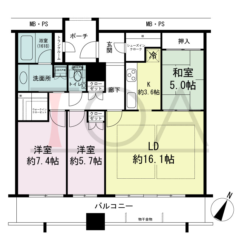 グランドメゾン京町堀タワーの間取り図 南東向き 3LDK+WIC+SIC 専有面積91.69m2
バルコニー面積17.43m2