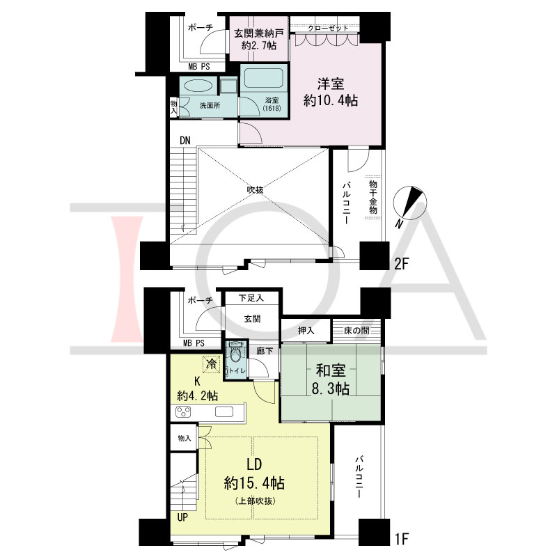 グランドメゾン京町堀タワーの間取り図 南東向き 2LDK 専有面積93.97m2
バルコニー面積15.36m2