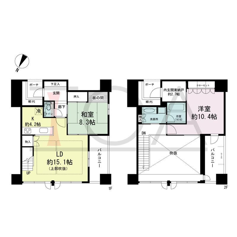 グランドメゾン京町堀タワーの間取り図 南東向き 2LDK 専有面積93.60m2
バルコニー面積15.36m2
