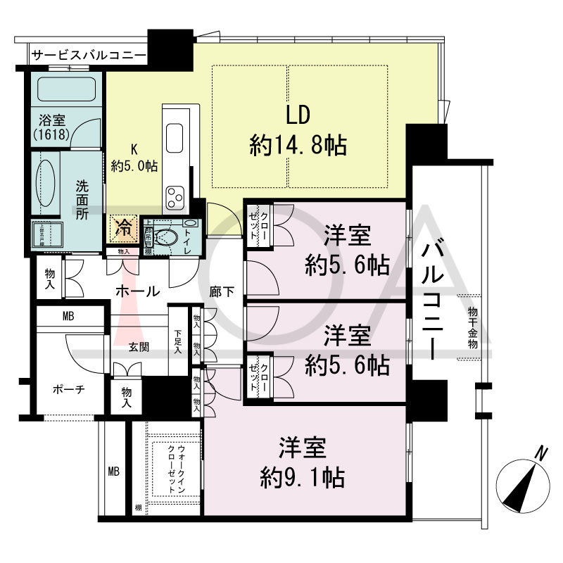 グランドメゾン京町堀タワーの間取り図 北東向き角 3LDK+WIC 専有面積95.92m2
バルコニー面積15.43m2
サービスバルコニー面積2.41m2