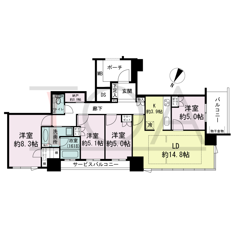 グランドメゾン京町堀タワーの間取り図 北西向き角 4LDK+WIC 専有面積96.16m2
バルコニー面積6.39m2
サービスバルコニー面積4.83m2