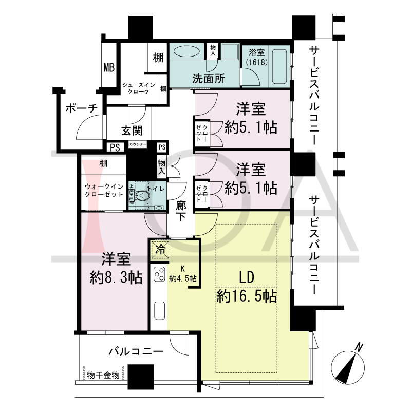 グランドメゾン京町堀タワーの間取り図 南東向き角 3LDK+WIC+SIC 専有面積98.25m2
バルコニー面積8.87m2
サービスバルコニー面積6.76m2