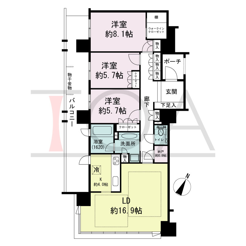 グランドメゾン京町堀タワーの間取り図 南東向き角 3LDK+WIC 専有面積99.45m2
バルコニー面積23.03m2