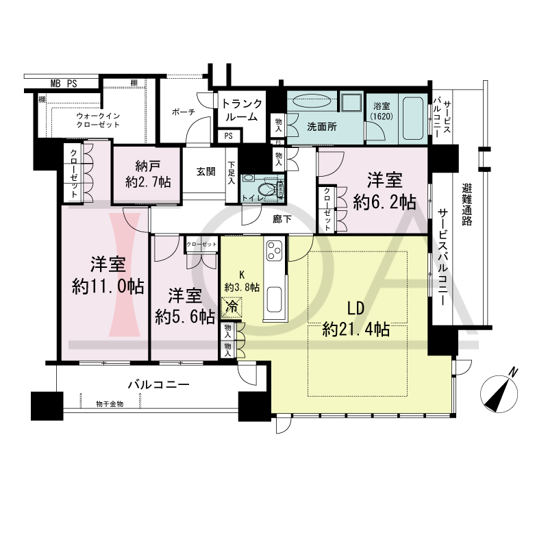 グランドメゾン京町堀タワーの間取り図 南東向き角 3LDK+WIC 専有面積122.35m2
バルコニー面積11.65m2
サービスバルコニー面積5.10m2