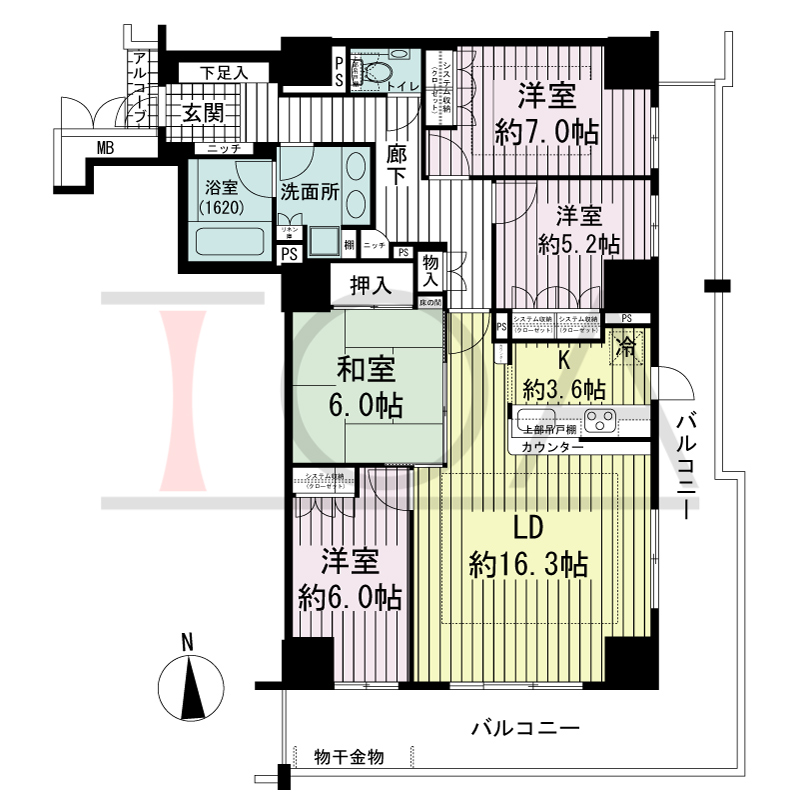 アップルタワー大阪谷町の間取り図 南東向き角　4LDK　専有面積102.82m2
バルコニー面積34.51m2
アルコーブ面積1.17m2