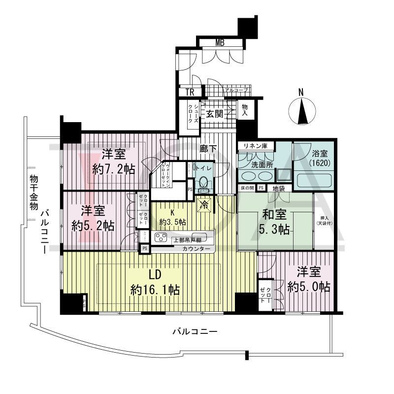 アップルタワー大阪谷町の間取り図 南西向き角　4LDK　専有面積98.13m2
バルコニー面積m33.65m2
アルコーブ面積1.12m2
