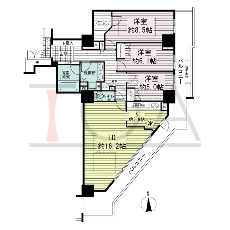 アップルタワー大阪谷町の間取り図 南東向き角　3LDK　専有面積94.19m2
バルコニー面積24.80m2
アルコーブ面積1.17m2