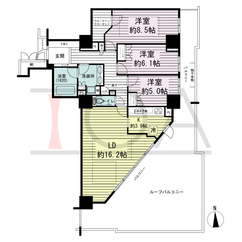 アップルタワー大阪谷町の間取り図 南東向き角　3LDK　専有面積94.19m2
バルコニー面積24.80m2
ルーフバルコニー面積34.36m2
アルコーブ面積1.17m2