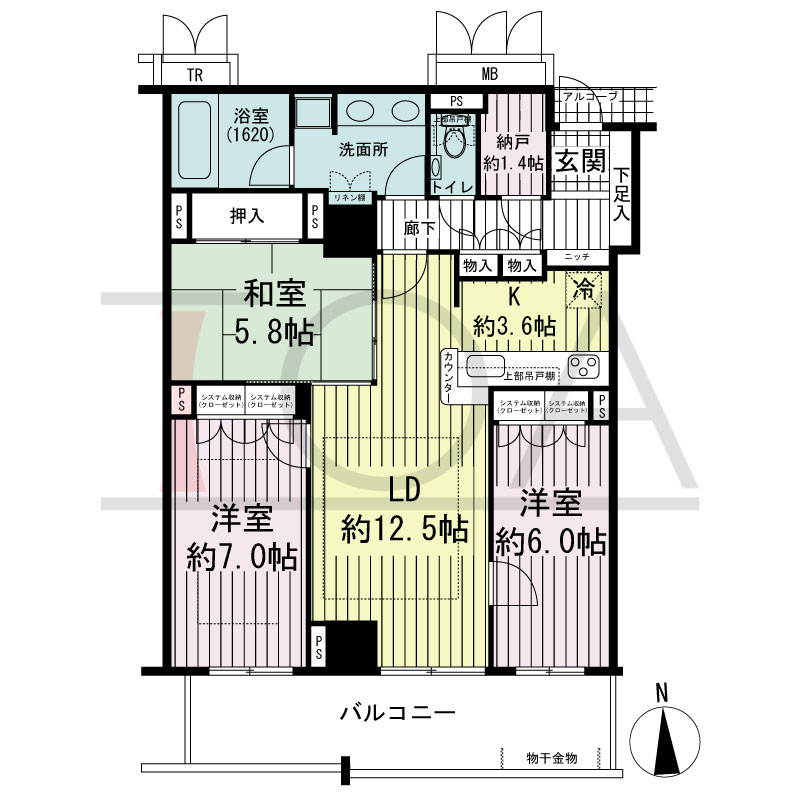 アップルタワー大阪谷町の間取り図 南向き　3LDK+N　専有面積84.52m2
バルコニー面積13.72m2
アルコーブ面積0.93m2