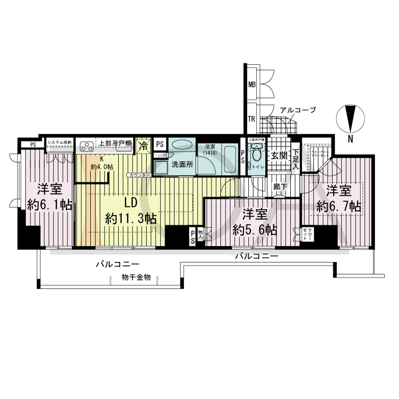 アップルタワー大阪谷町の間取り図 北向き角　3LDK　専有面積74.92m2
バルコニー面積20.86m2
アルコーブ面積1.32m2