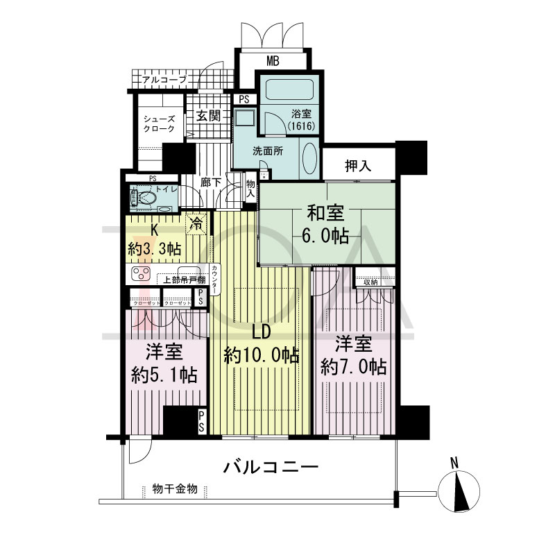 アップルタワー大阪谷町の間取り図 南向き　3LDK　専有面積74.47m2
バルコニー面積14.43m2
アルコーブ面積1.74m2