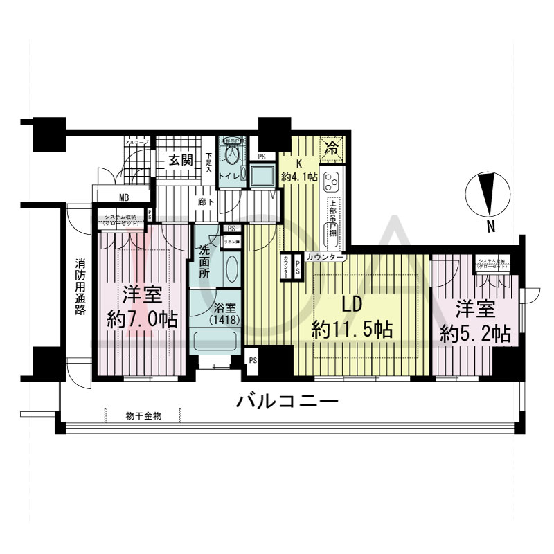 アップルタワー大阪谷町の間取り図 北向き角　2LDK　専有面積64.10m2
バルコニー面積18.62m2
アルコーブ面積1.31m2