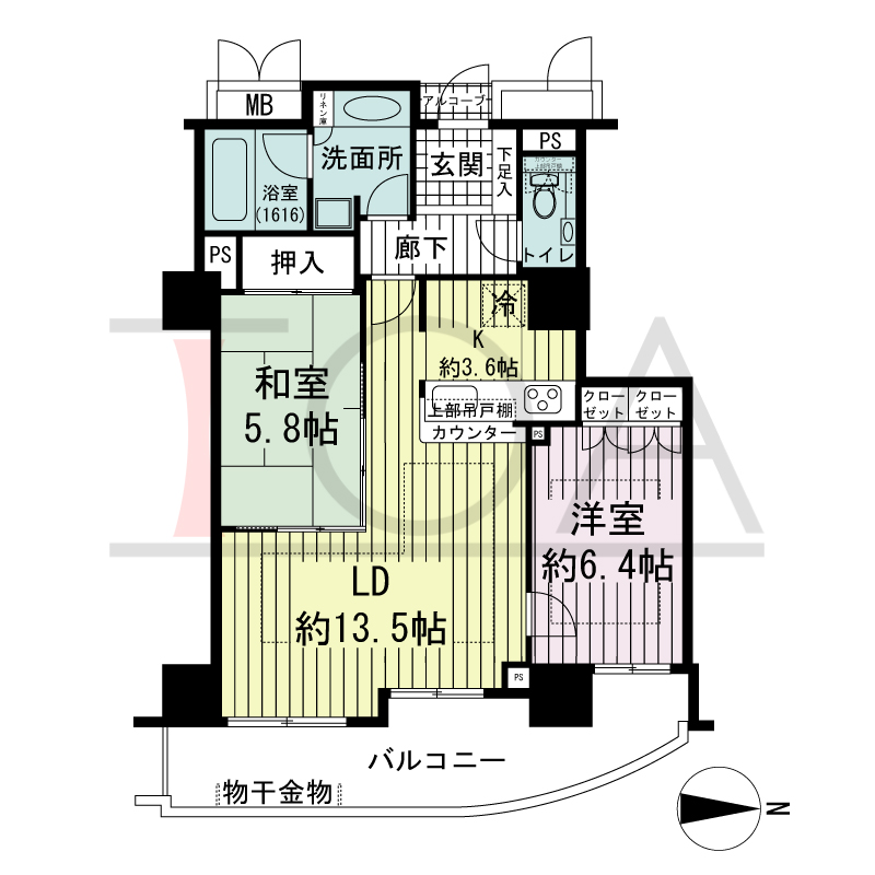 アップルタワー大阪谷町の間取り図 東向き　2LDK　専有面積67.30m2
バルコニー面積14.00m2
アルコーブ面積0.87m2