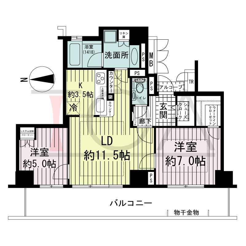 アップルタワー大阪谷町の間取り図 西向き　2LDK　専有面積64.23m2
バルコニー面積18.36m2
アルコーブ面積0.90m2
