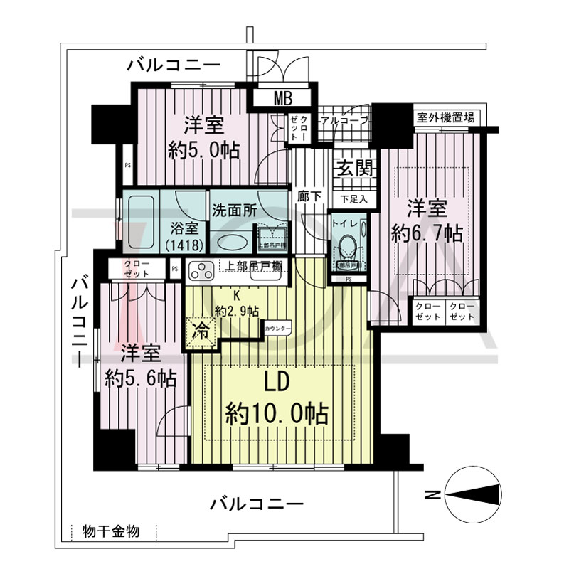 アップルタワー大阪谷町の間取り図 西向き角　3LDK　専有面積64.96m2
バルコニー面積28.01m2
アルコーブ面積1.38m2