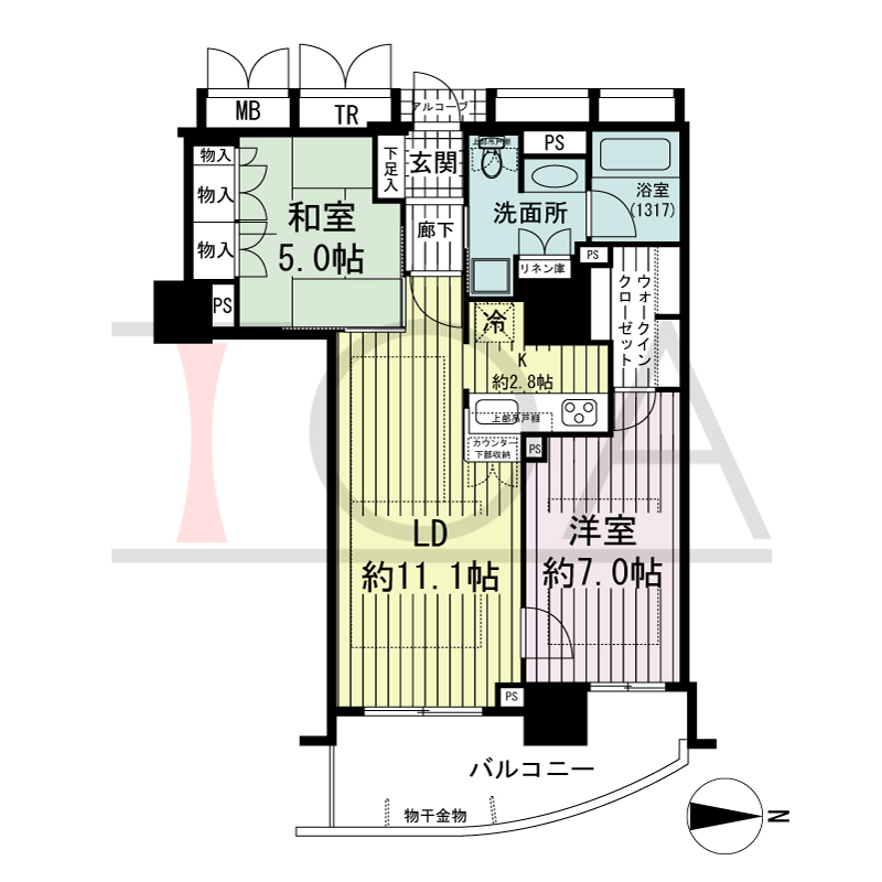 アップルタワー大阪谷町の間取り図 東向き　2LDK　専有面積61.45m2
バルコニー面積10.16m2
アルコーブ面積0.85m2