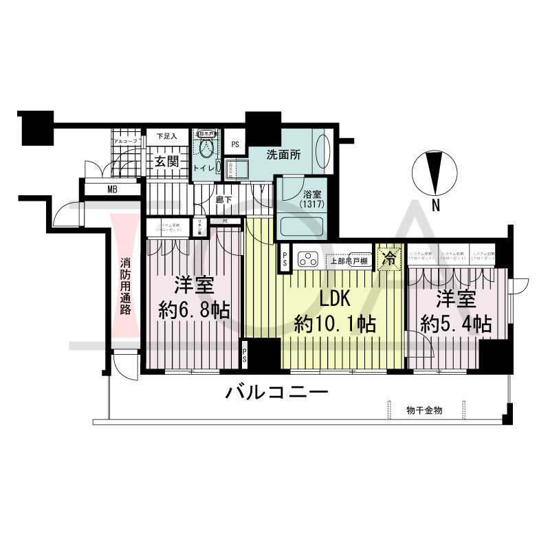 アップルタワー大阪谷町の間取り図 北向き角　2LDK　専有面積56.45m2
バルコニー面積15.32m2
アルコーブ面積1.31m2
