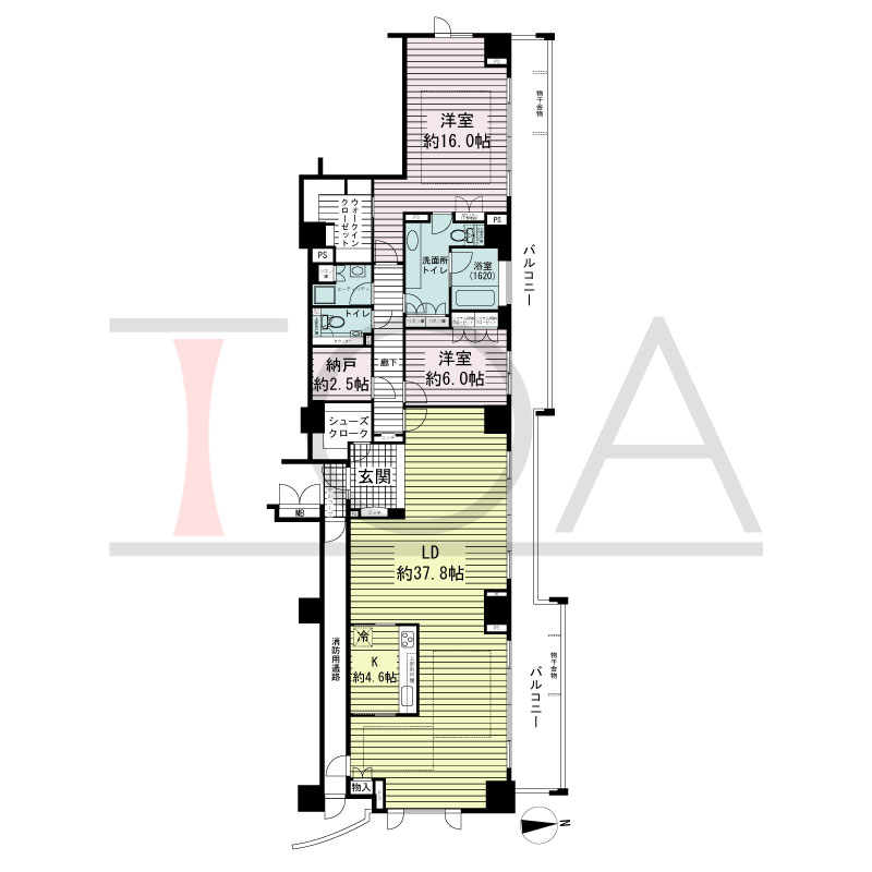 アップルタワー大阪谷町の間取り図 北東向き角　2LDK+N
 専有面積154.84m2
バルコニー面積36.19m2
アルコーブ面積1.80m2