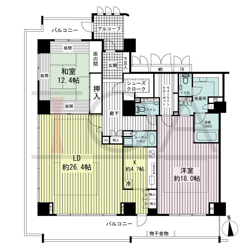 アップルタワー大阪谷町の間取り図 南向き角　2LDK　専有面積154.77m2
バルコニー面積45.12m2
アルコーブ面積5.55m2