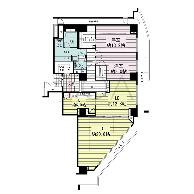 アップルタワー大阪谷町の間取り図 東向き角　2LDK　専有面積148.29m2
バルコニー面積32.05m2
アルコーブ面積1.92m2