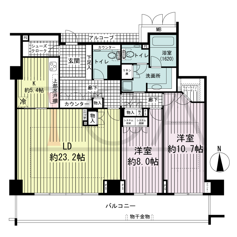 アップルタワー大阪谷町の間取り図 南向き　2LDK　専有面積119.69m2
バルコニー面積23.40m2
アルコーブ面積3.34m2