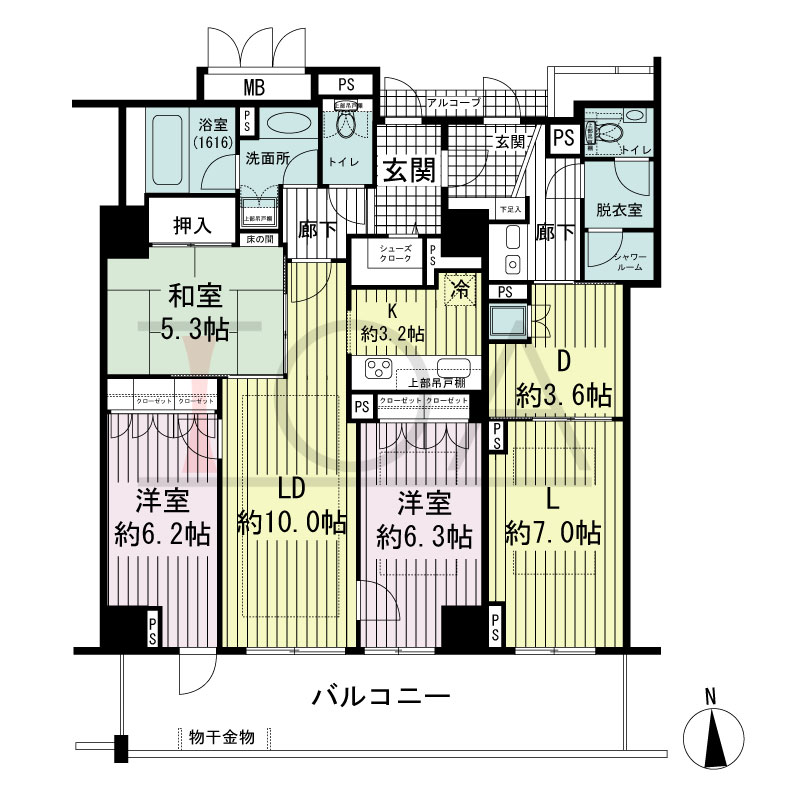アップルタワー大阪谷町の間取り図 南向き角　3LDK+LDK　専有面積103.04m2
バルコニー面積17.57m2
アルコーブ面積1.81m2