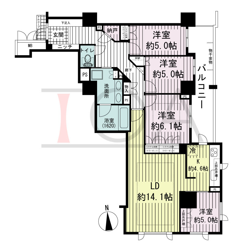 アップルタワー大阪谷町の間取り図 東向き角　4LDK+N　専有面積95.92m2
バルコニー面積12.00m2
アルコーブ面積1.17m2