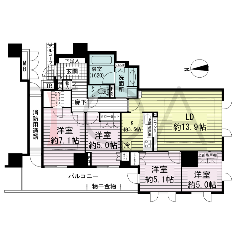 アップルタワー大阪谷町の間取り図 西向き角　4LDK　専有面積89.55m2
バルコニー面積14.84m2
アルコーブ面積1.15m2