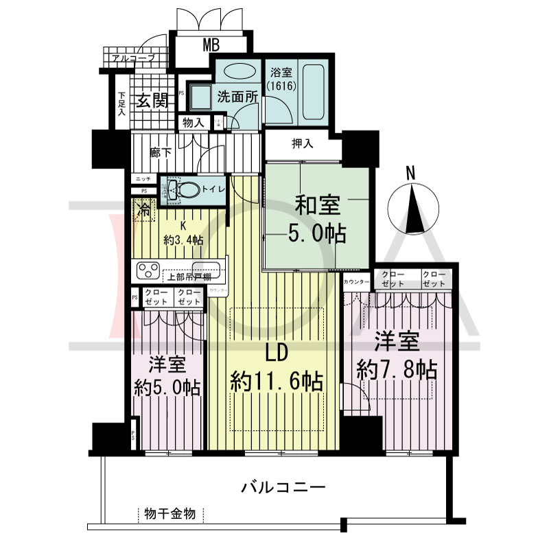 アップルタワー大阪谷町の間取り図 南向き　3LDK　専有面積75.86m2
バルコニー面積16.33m2
アルコーブ面積0.90m2