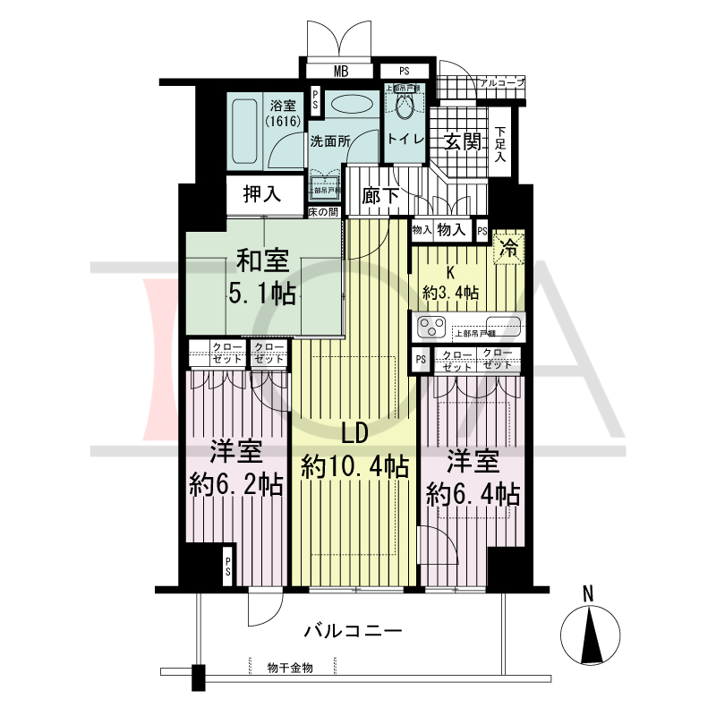 アップルタワー大阪谷町の間取り図 南向き　3LDK　専有面積73.30m2
バルコニー面積11.65m2
アルコーブ面積0.90m2