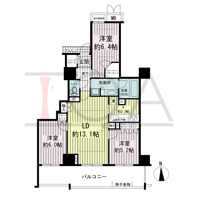 アップルタワー大阪谷町の間取り図 南向き　3LDK　専有面積75.02m2
バルコニー面積16.61m2
アルコーブ面積1.01m2
