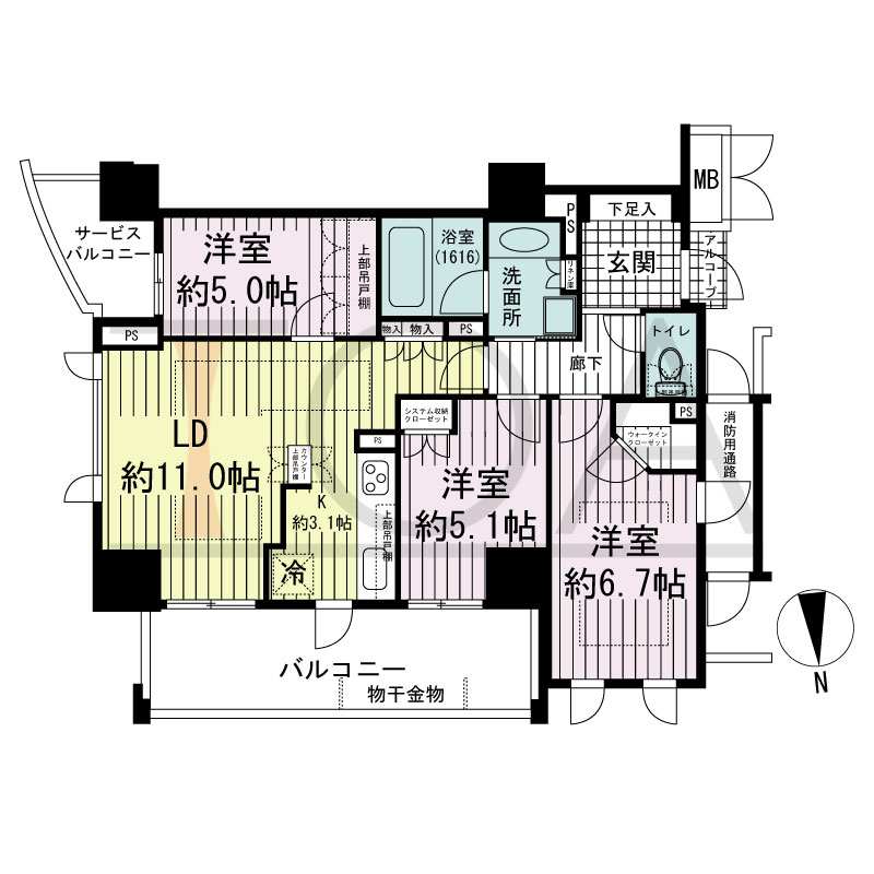 アップルタワー大阪谷町の間取り図 北向き角　3LDK　専有面積69.09m2
バルコニー面積12.34m2
サービスバルコニー面積3.03m2
アルコーブ面積0.91m2