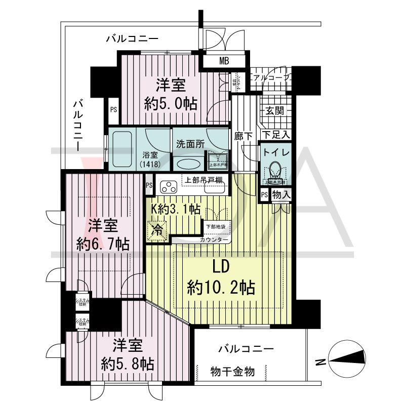 アップルタワー大阪谷町の間取り図 西向き角　3LDK　専有面積66.17m2
バルコニー面積15.30m2
アルコーブ面積1.08m2
