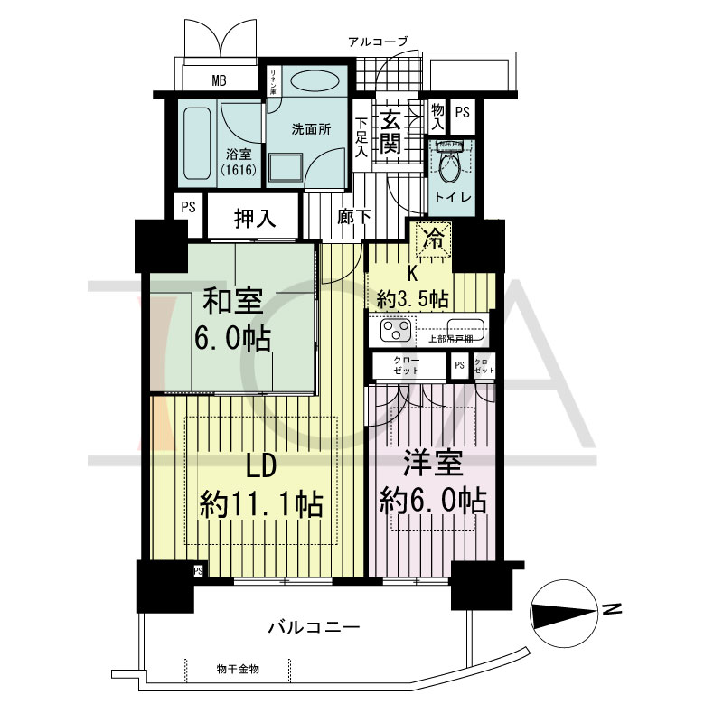 アップルタワー大阪谷町の間取り図 東向き　2LDK　専有面積61.52m2
バルコニー面積12.44m2
アルコーブ面積0.89m2
