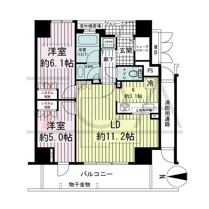 アップルタワー大阪谷町の間取り図 西向き　2LDK　専有面積56.77m2
バルコニー面積10.96m2
アルコーブ面積1.88m2