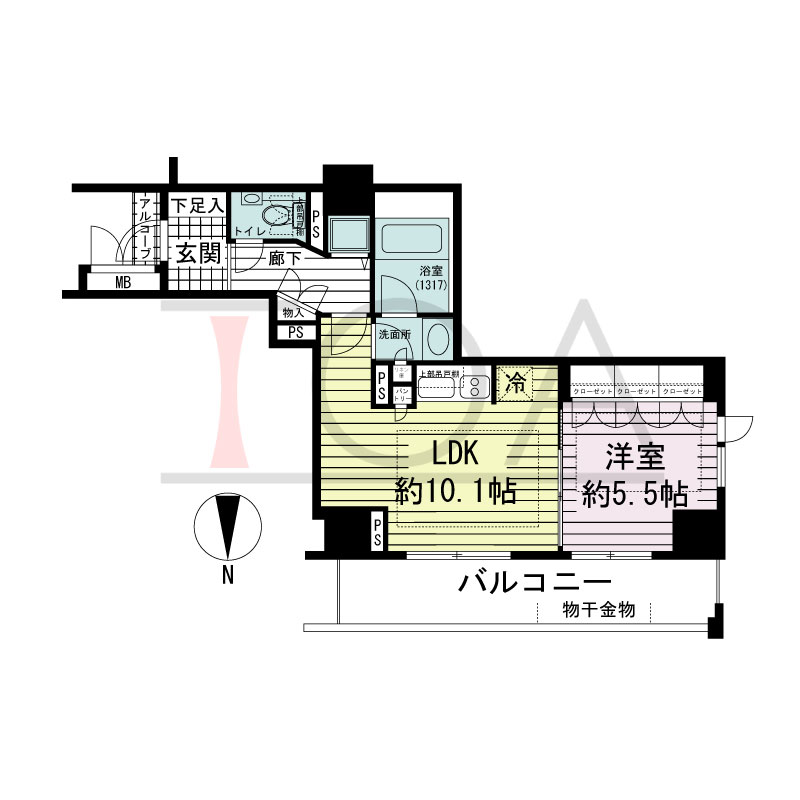 アップルタワー大阪谷町の間取り図 北向き　1LDK　専有面積42.72m2
バルコニー面積9.68m2
アルコーブ面積0.85m2