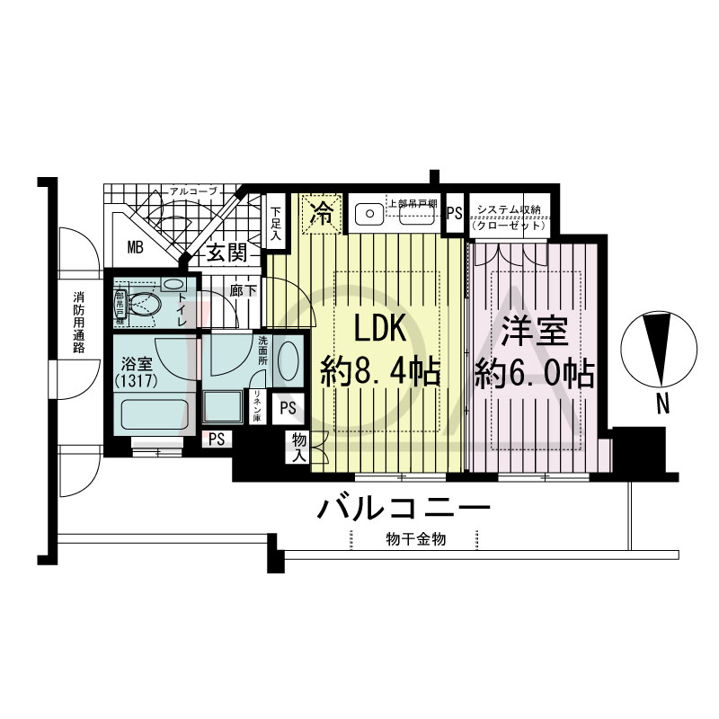 アップルタワー大阪谷町の間取り図 北向き　1LDK　専有面積37.09m2
バルコニー面積13.12m2
アルコーブ面積1.54m2